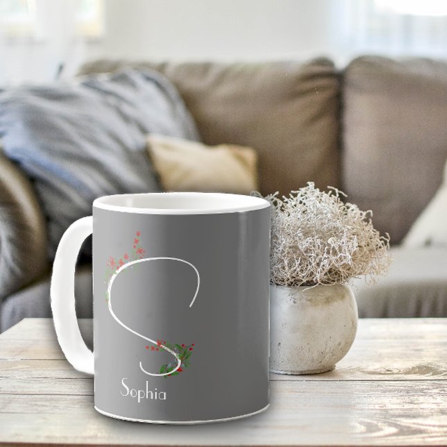Watercolor wildflowers letter S grey coffee mug (Creator Uploaded)