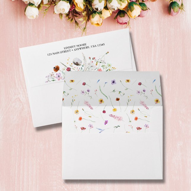 Watercolor Wildflowers Lined Envelope (Watercolor wildflowers printed lined envelopes - FREE return address on the back)