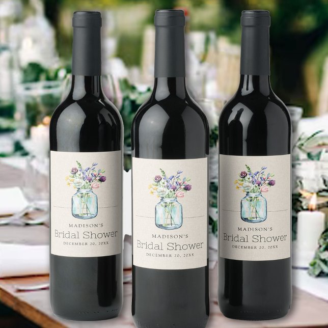 Watercolor Wildflowers Linen Boho Bridal Shower Wine Label (Creator Uploaded)