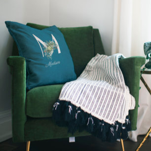 Watercolor wildflowers monogram  blue cushion