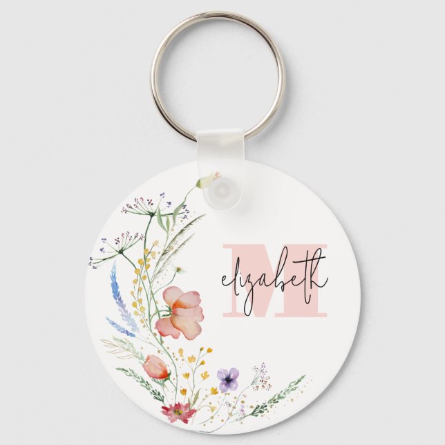 Watercolor Wildflowers Monogram Key Ring (Front)