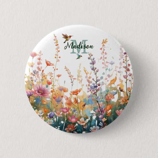 Watercolor Wildflowers Monogram Personalized Name 6 Cm Round Badge (Front)