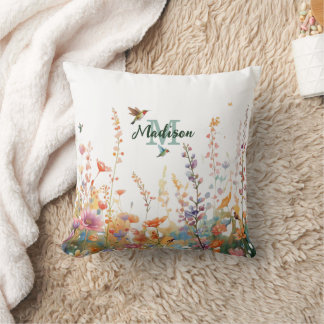 Watercolor Wildflowers Monogram Personalized Name Cushion