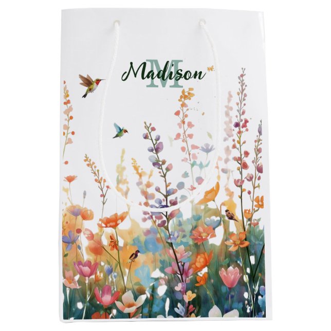 Watercolor Wildflowers Monogram Personalized Name Medium Gift Bag (Front)