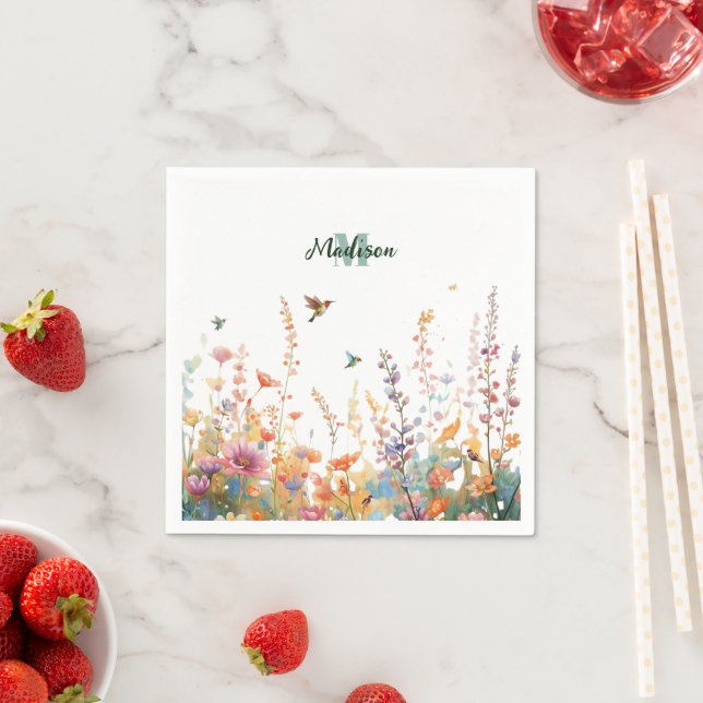 Watercolor Wildflowers Monogram Personalized Name Napkin (Insitu)