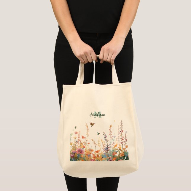 Watercolor Wildflowers Monogram Personalized Name Tote Bag (Front (Product))