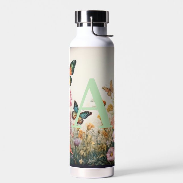 Watercolor Wildflowers Monogram Water Bottle (Left)