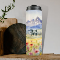 Watercolor Wildflowers & Mountains Monogram Name