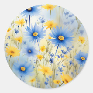 Watercolor Wildflowers On Cornflower Blue Classic Round Sticker