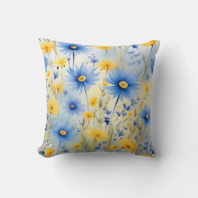 Watercolor Wildflowers On Cornflower Blue Cushion (Front)