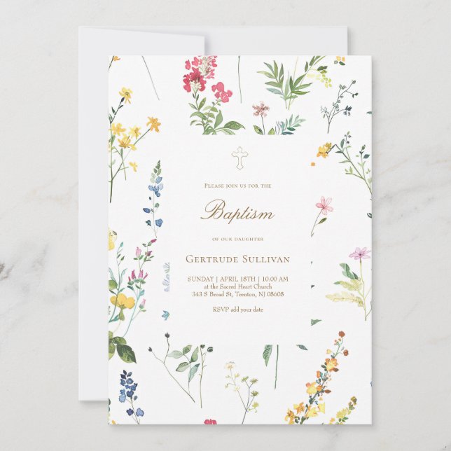 watercolor wildflowers pattern Baptism Invitation (Front)