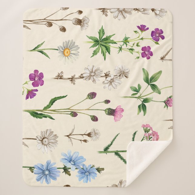 Watercolor wildflowers pattern. sherpa blanket (Front)
