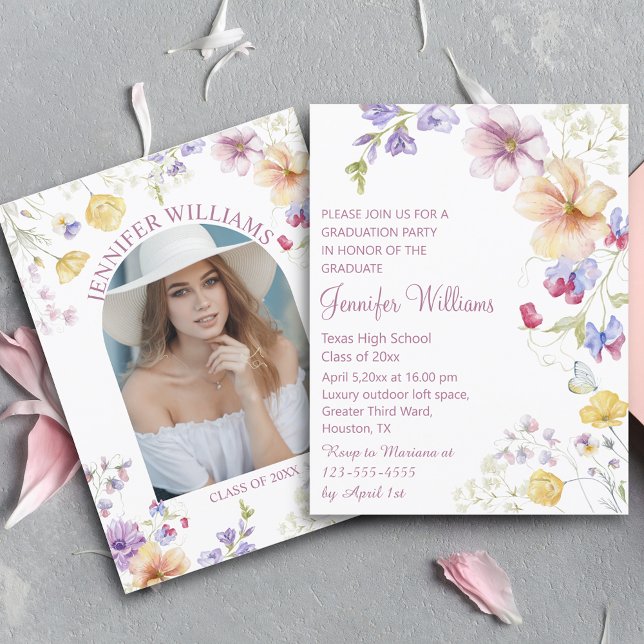 watercolor wildflowers photo graduation pink invitation (Creator Uploaded)