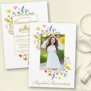 Watercolor Wildflowers Photo Quinceanera Gold Invitation