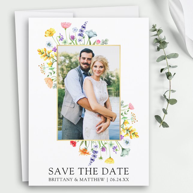 Watercolor Wildflowers Photo Save The Date (Customize to change text size, color, style or add more text to back of card.)