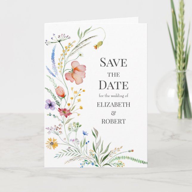 Watercolor Wildflowers Photo Save The Date Card (Front)