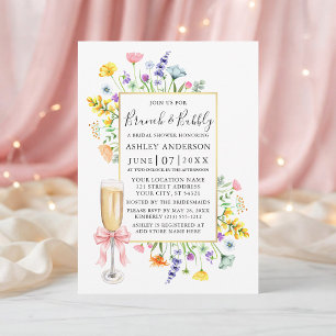 Watercolor Wildflowers Pink Bow Bridal Brunch Invitation