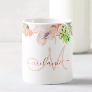 Watercolor Wildflowers Pink Custom Monogrammed Coffee Mug