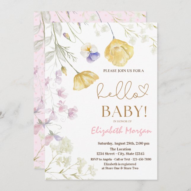Watercolor Wildflowers Pink Dots Baby Shower  Invitation (Front/Back)