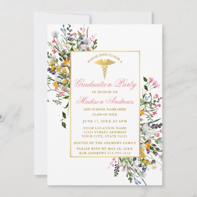 Watercolor Wildflowers Pink Gold Nurse Graduation Invitation (Front)