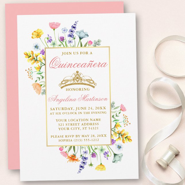 Watercolor Wildflowers Pink Gold Quinceanera Invitation (Customize to change text color, text style or color of back of card.)