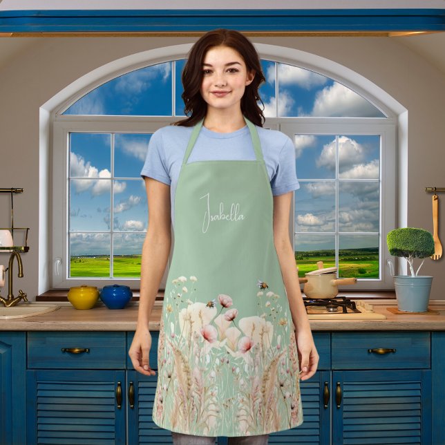 Watercolor wildflowers pink sage green boho apron (Creator Uploaded)