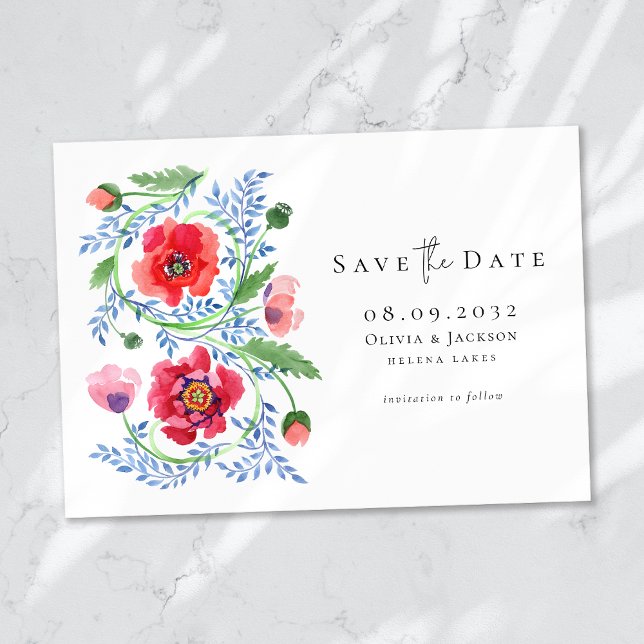 Watercolor Wildflowers Poppy Script Wedding Save The Date (Creator Uploaded)
