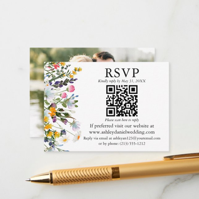Watercolor Wildflowers QR RSVP Photo Wedding Enclosure Card (Front/Back In Situ)