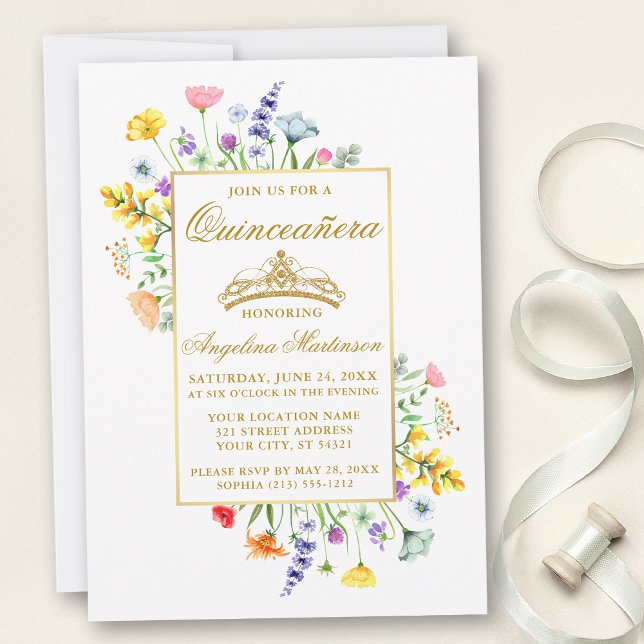 Watercolor Wildflowers Quinceanera Gold Invitation (Customize to change text color, style, size or to add text to back of card.)