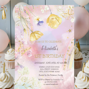 Watercolor Wildflowers Rainbow Birthday Invitation