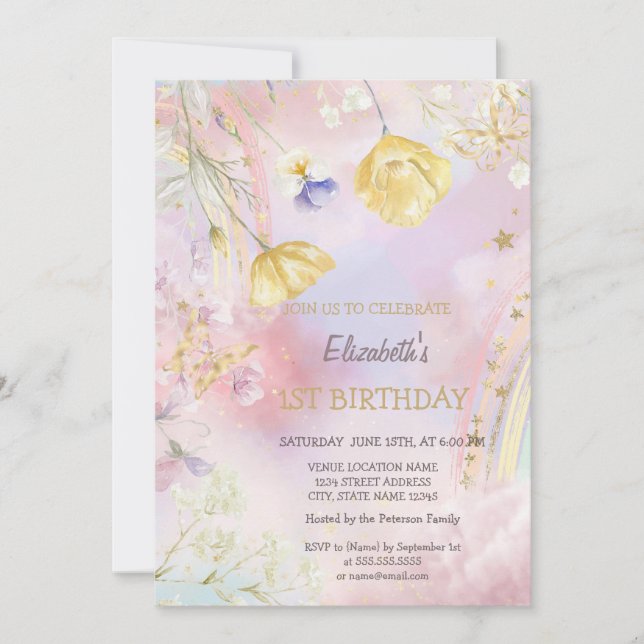 Watercolor Wildflowers Rainbow Birthday  Invitation (Front)