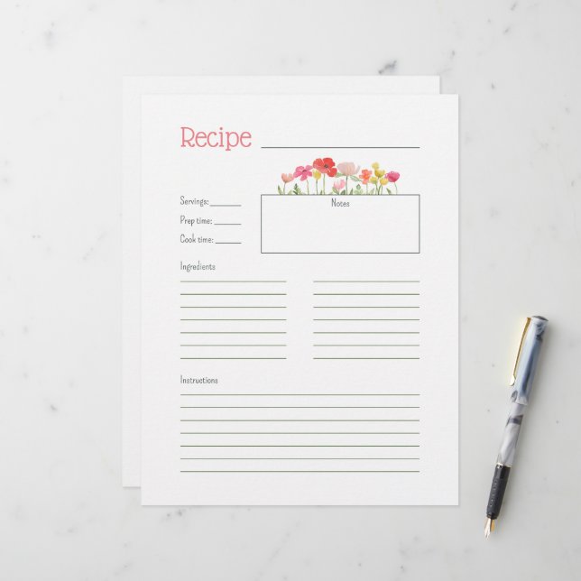 Watercolor Wildflowers Recipe Card (Front/Back In Situ)