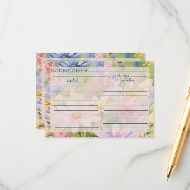 Watercolor Wildflowers Recipe Enclosure Card (Front/Back In Situ)