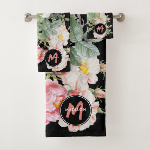 Watercolor Wildflowers Roses Black Pink Monogram Bath Towel Set