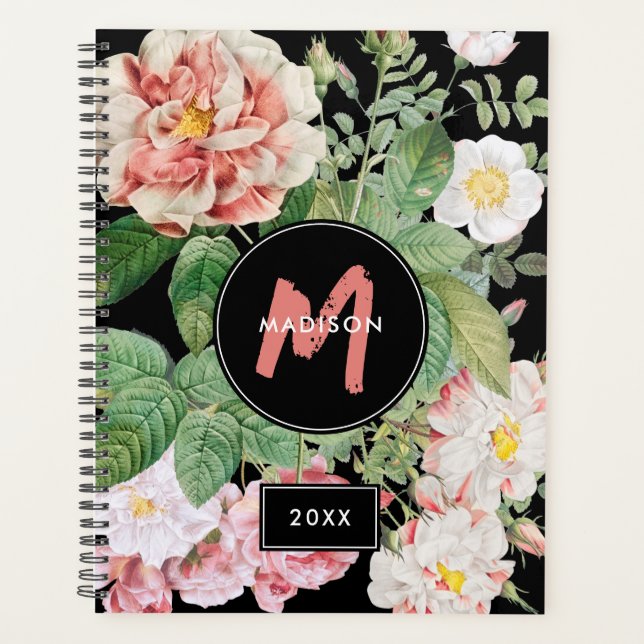 Watercolor Wildflowers Roses Black Pink Monogram Planner (Front)