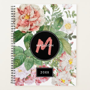 Watercolor Wildflowers Roses White Pink Monogram Planner