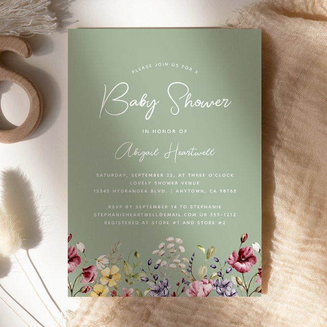 Watercolor Wildflowers Sage Green Baby Shower Invitation (Creator Uploaded)