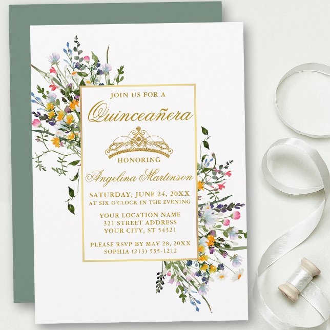 Watercolor Wildflowers Sage Green Quinceanera Invitation (Customize to change text size, text style or color of back of card.)