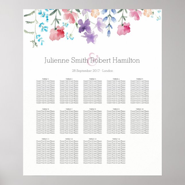 Watercolor Wildflowers Seating Chart 14 Tables (Front)