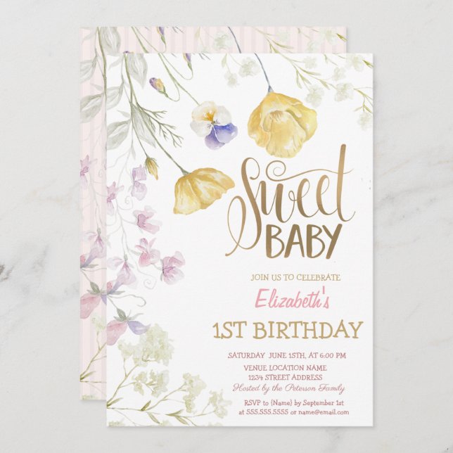 Watercolor Wildflowers Striped Birthday  Invitation (Front/Back)