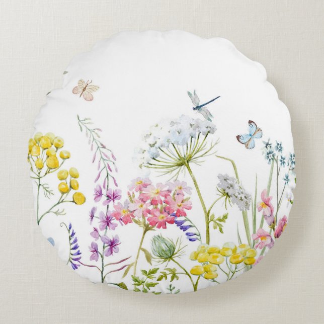 Watercolor Wildflowers Summer Meadow Floral  Round Cushion (Front)