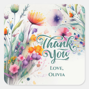 Watercolor Wildflowers Thank You Square Sticker
