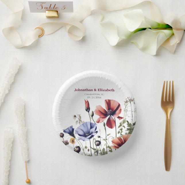 Watercolor Wildflowers Wedding Paper Plate (Wedding)