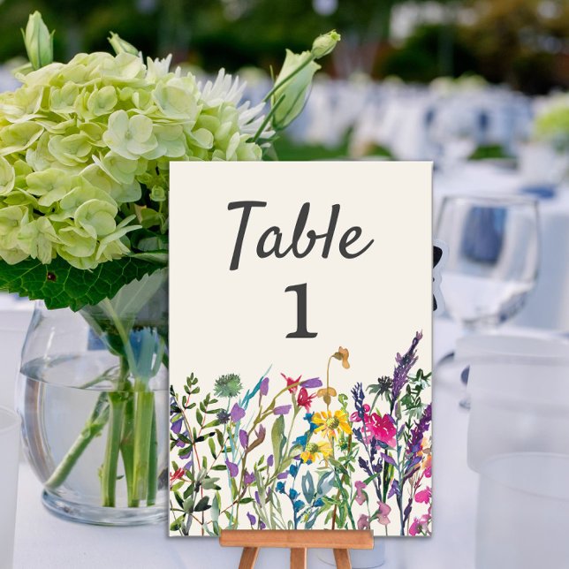 Watercolor Wildflowers Wedding Reception Table Number (Watercolor wildflowers vertical wedding reception table number)