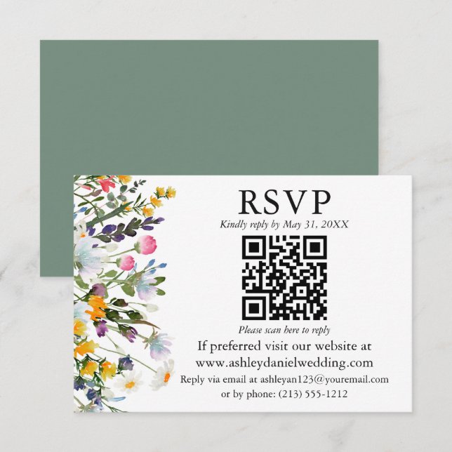 Watercolor Wildflowers Wedding Sage Green QR RSVP Card (Front/Back)