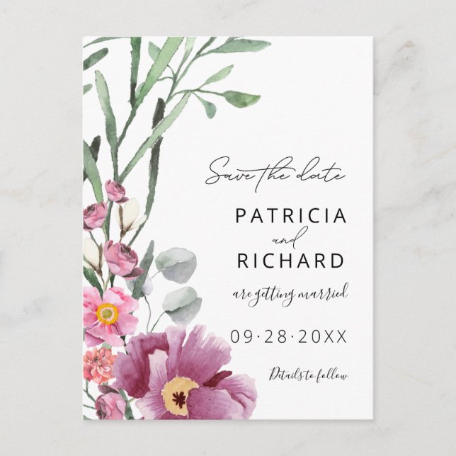 Watercolor Wildflowers Wedding Save The Date Postcard (Front)