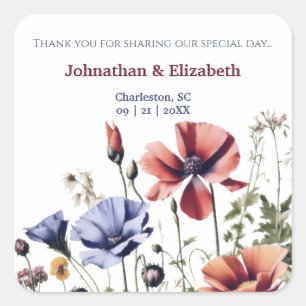 Watercolor Wildflowers Wedding Square Sticker