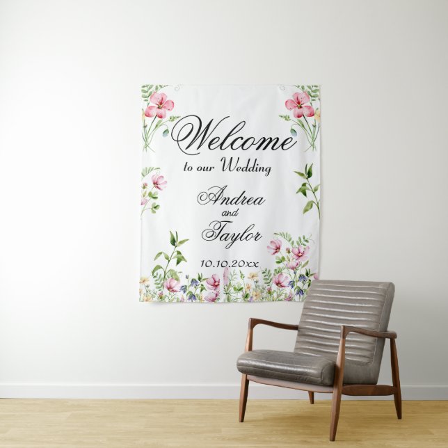 Watercolor Wildflowers Wedding Welcome Sign Tapestry (In Situ)