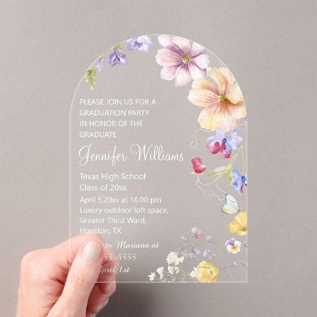 watercolor wildflowers & white script graduation  acrylic invitations (Insitu (Handheld))