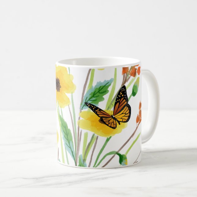 Watercolor Wildflowers with Butterfly Garden Coffee Mug (Front Right)